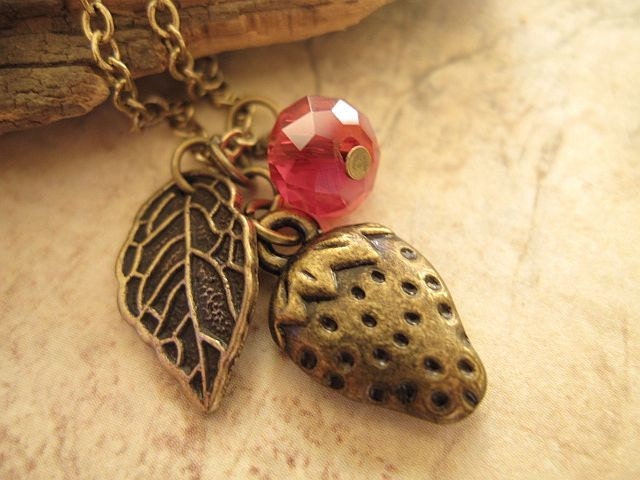 Strawberry charm necklace with leaf and crystal accent