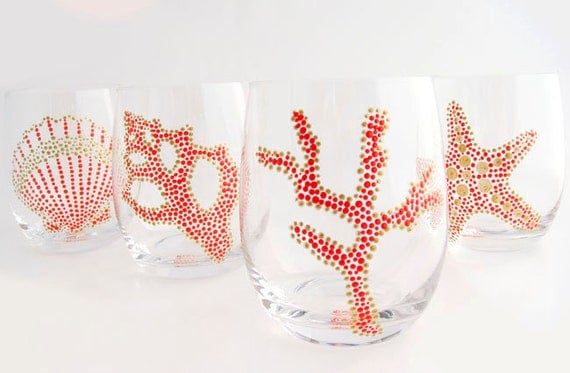 Sea Motif Hand Painted Glasses, Coral & Gold S/4