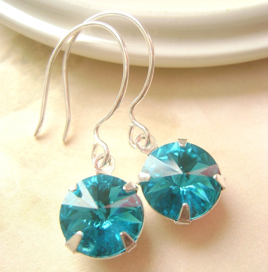 Teal blue Swarovski stone Silver earrings, bridesmaid gift, Wedding earrings