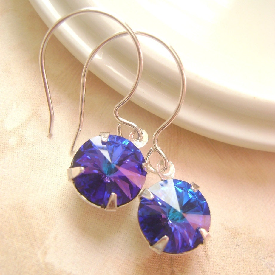 Heliotrope Swarovski stone Silver earrings, bridesmaid gift, Wedding earrings, Deep Blue and Dark purple nuances