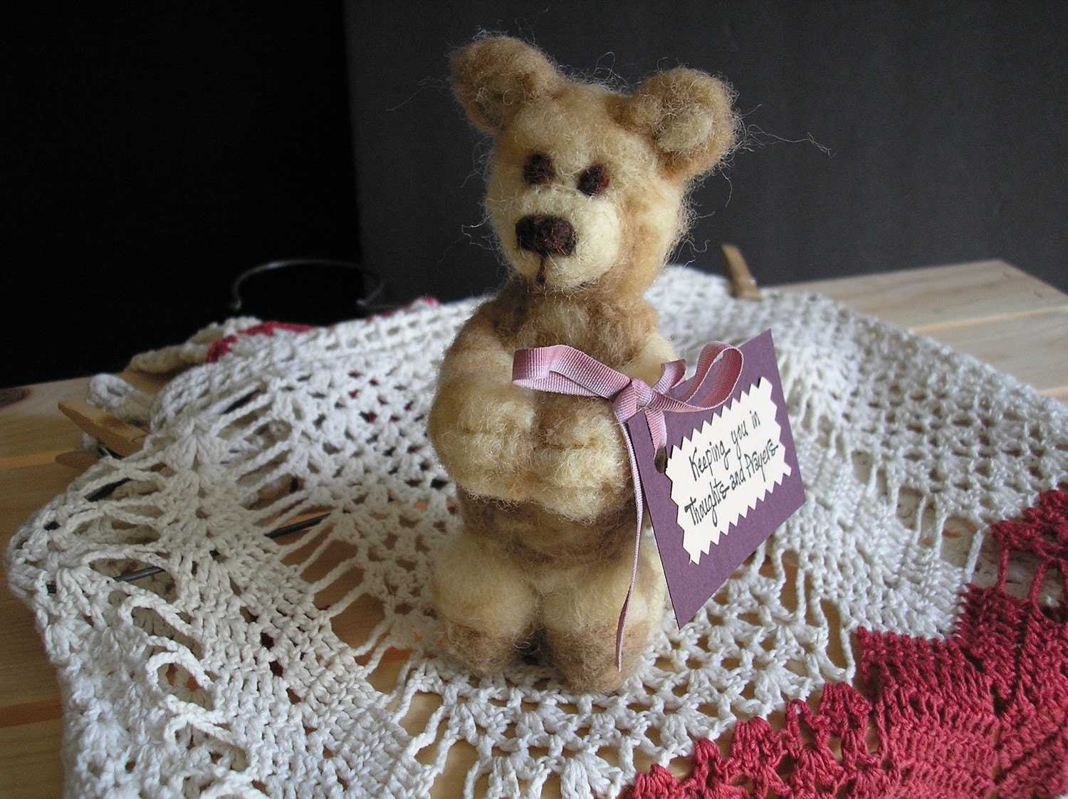 Needle Felted Prayer Bear in Light Brown