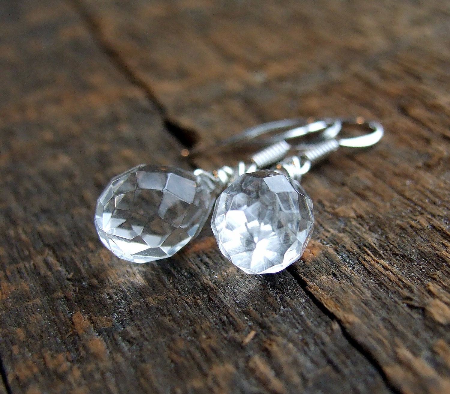 Crystal Quartz Earrings April Birthstone Winter on Sterling Silver - Ice Melt