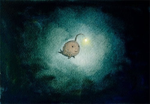a light in the dark - cute angler fish, icon of hope in a deep dark and troubled ocean