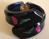 Lucite Plastic Reverse Carved Clamper Bracelet Black with Pink Roses