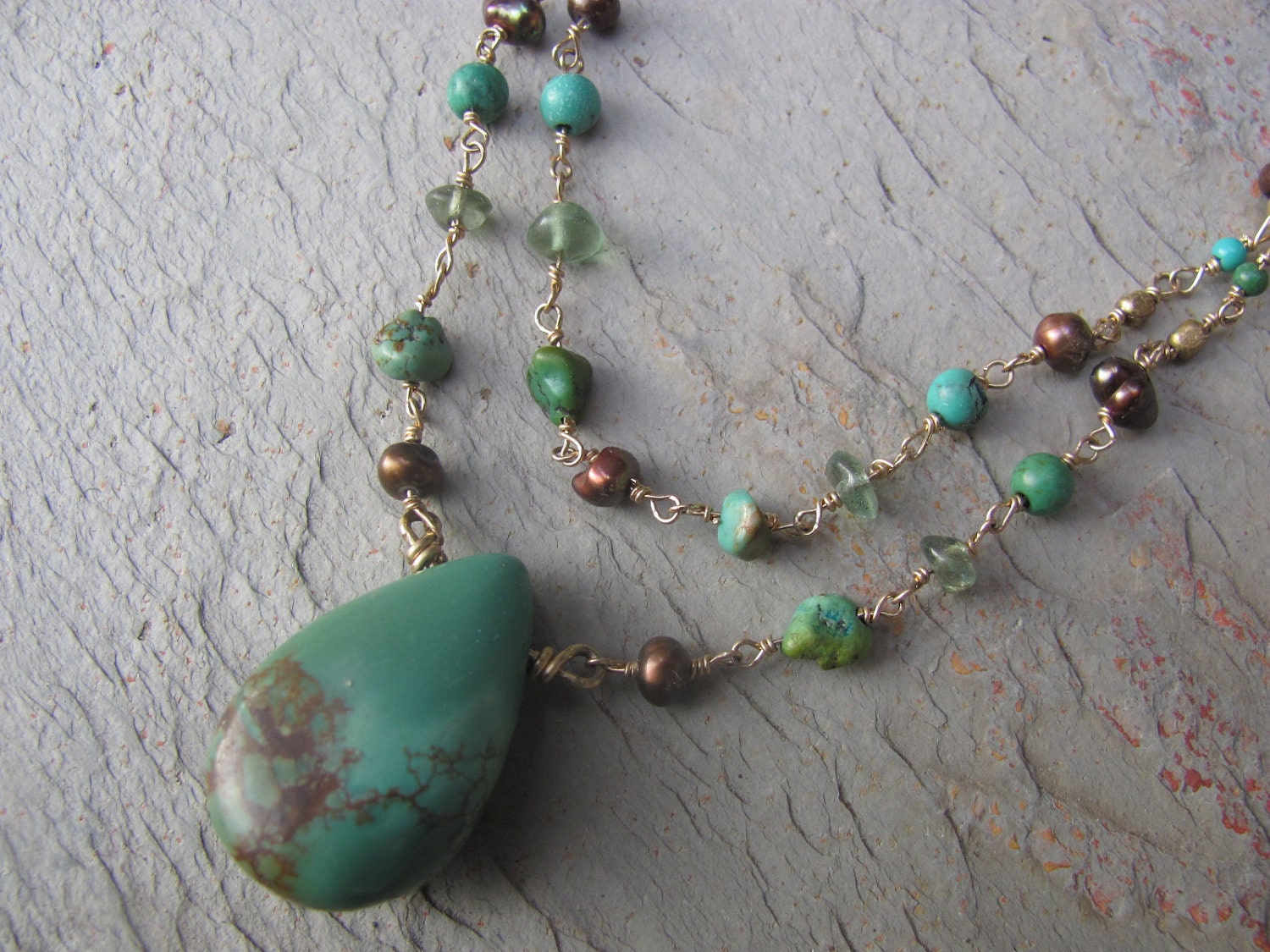 Santa Fe Style- Turquoise, Brass & Leather Necklace