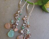 Seaside Chrysoprase, Pink Moonstone, Pearl, Andalusite and Niihau Shell Earrings