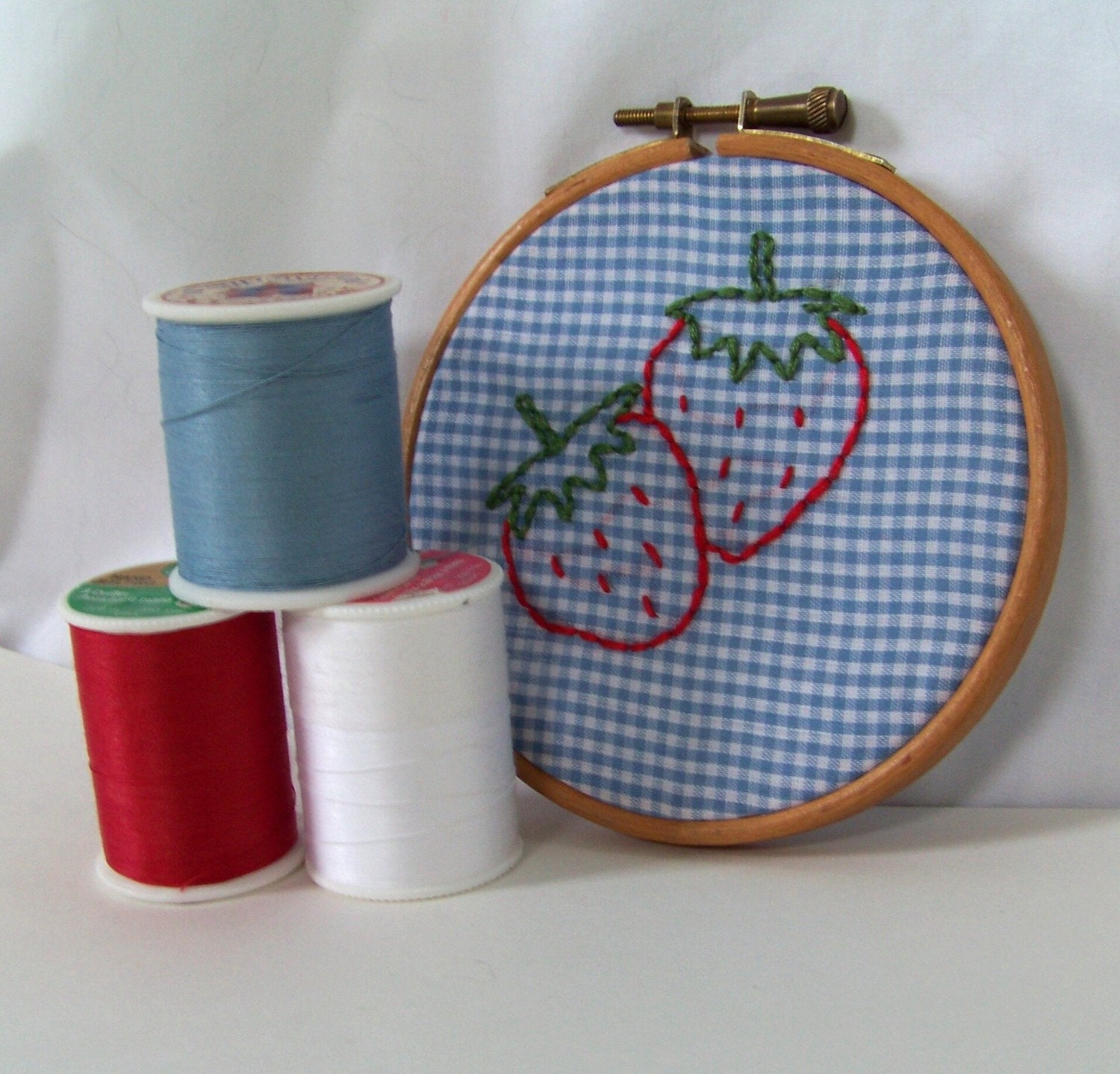 Strawberries Gingham Embroidery Hoop Art