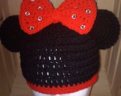 Hand Crocheted Minnie Mouse style hat in All Sizes