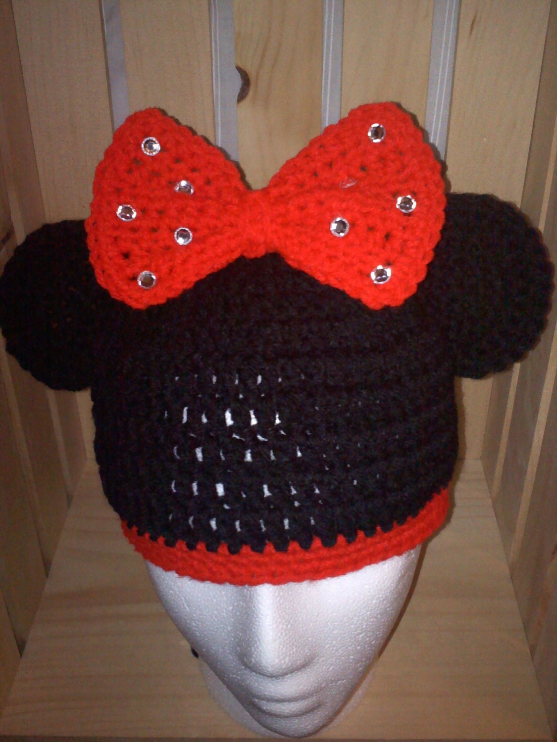 Hand Crocheted Minnie Mouse style hat in All Sizes