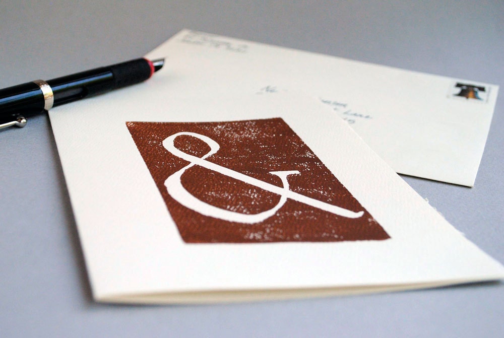 Brown Ampersand Greeting Card, Handprinted Linocut Notecard