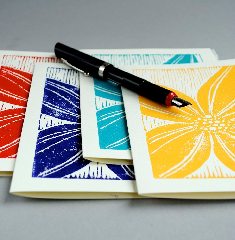 Set of Four Stargazer Lilies Blank Notecards, Hand-printed  Block Print Tropical Flower Linocut Cards
