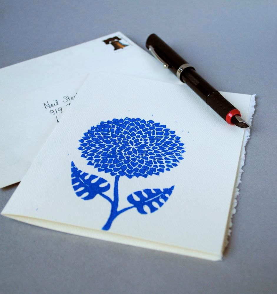 Dahlia Blank Notecard - Sapphire Blue Floral Linocut - 5 x 7 inches