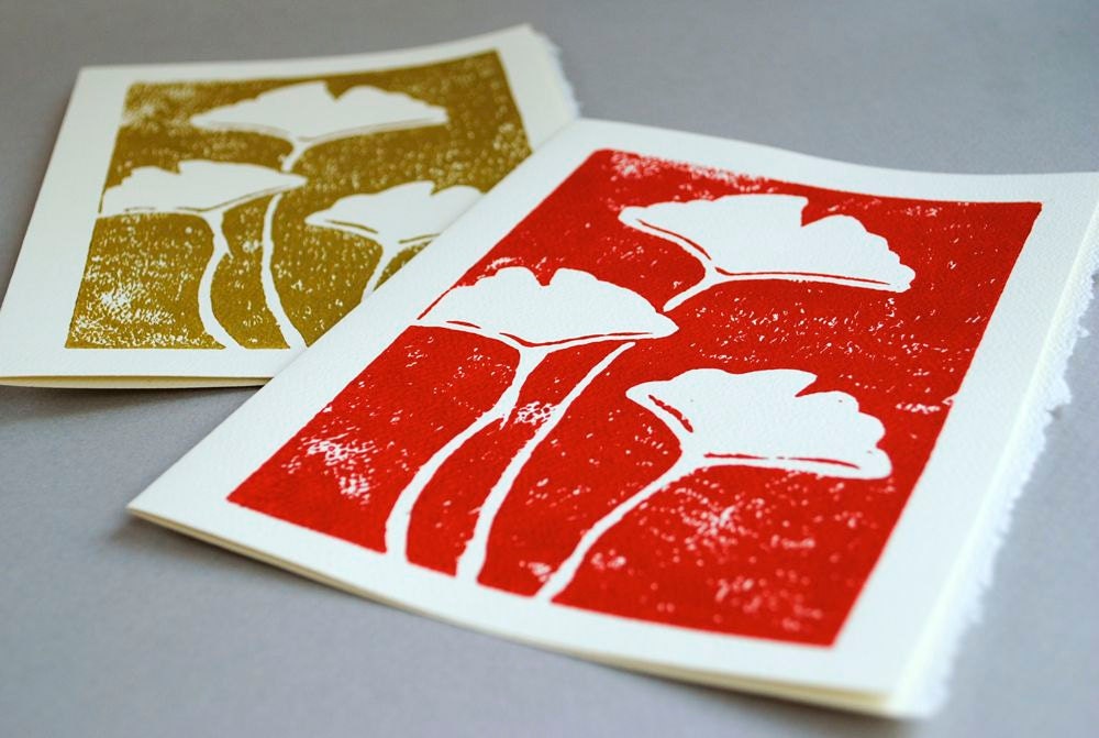 Two Ginko Notecards, Pair of Handprinted Botanical Leaf Linocut Greeting Cards