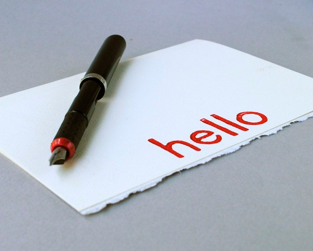 Hello Notecard, Red Hand-printed Typography Card, Helvetica Print, 5x7 Blank Inside