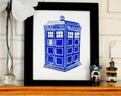 Doctor Who TARDIS Linocut Print, Dr Who Art Poster, Science Fiction Block Print 8 x 10 inches Blue