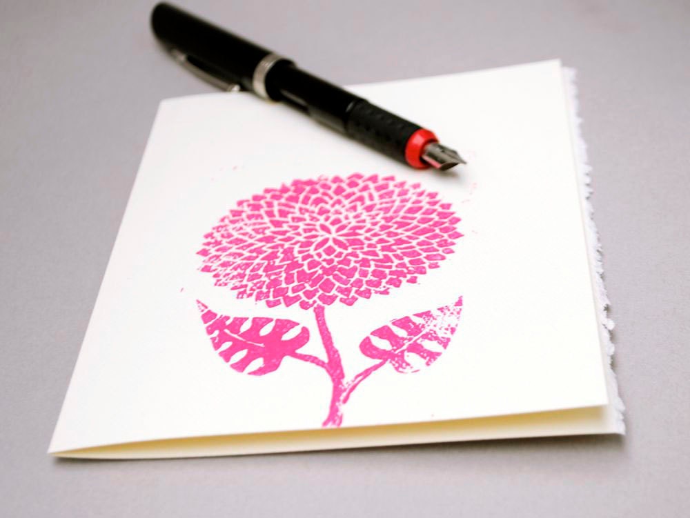 Magenta Dahlia Handprinted Notecard, 5x7 Chrysanthemum Hot Pink Linocut Greeting Card