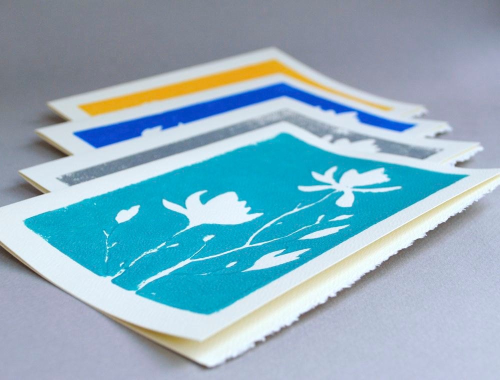 Four Magnolia Notecards, Set of Hand-printed Block Print Linocut Greeting Cards, 5x7 Blank Notecards