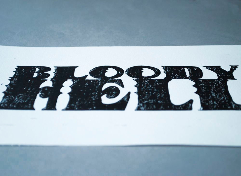 8x10 Linocut Print, Black and White Bloody Hell Block Print