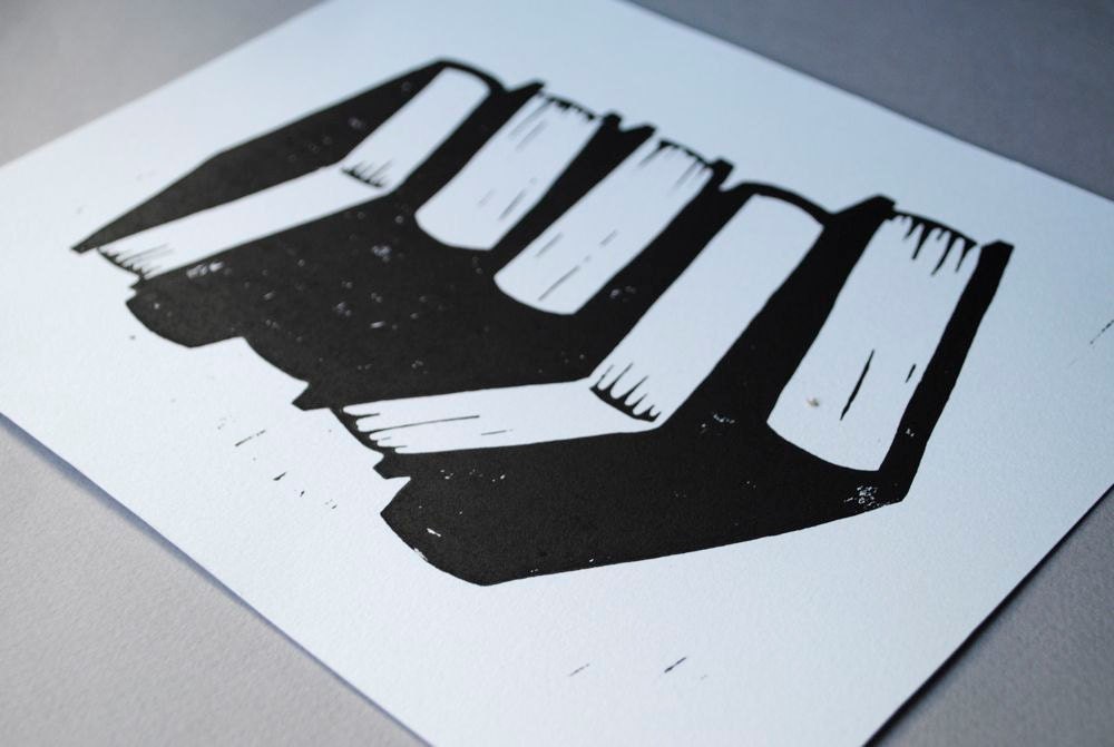 Black Book Stack Linocut Print, Handpulled Literary 8x10 Block Print