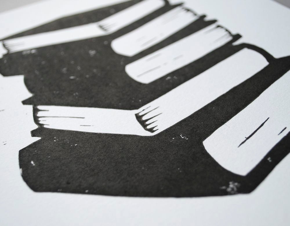 Black Book Stack Linocut Print, Handpulled Literary 8x10 Block Print