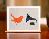 Audiophile - Mod Orange Bird with Gramophone & Ear Buds - Blank Card on 100% Recycled Paper