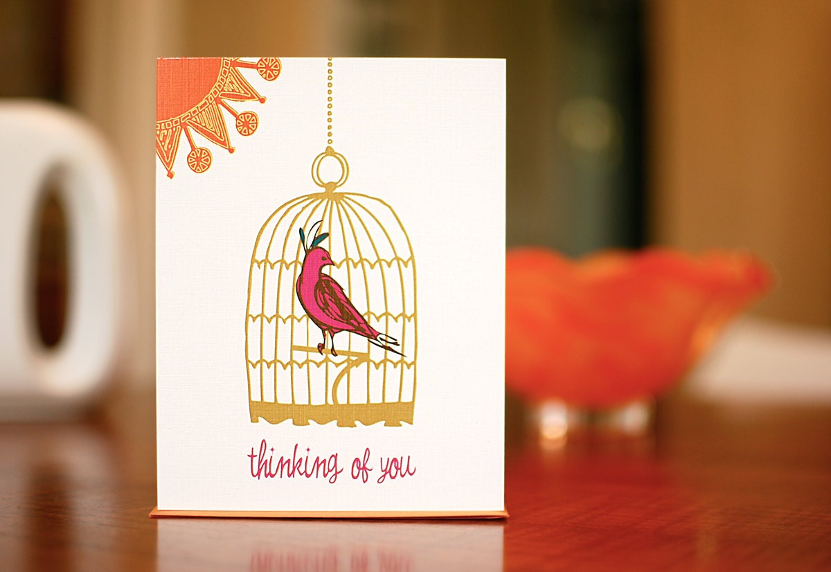 Magenta Caged Bird Thinking of You Card - 100% Recycled Paper