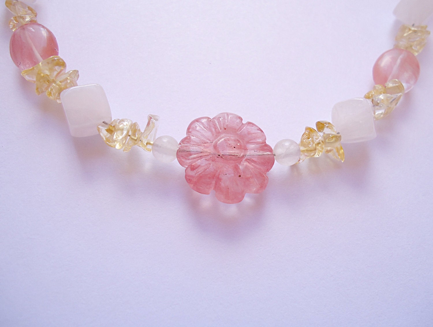 Cherry Quartz Citrine and Rose Quartz Flower Necklace