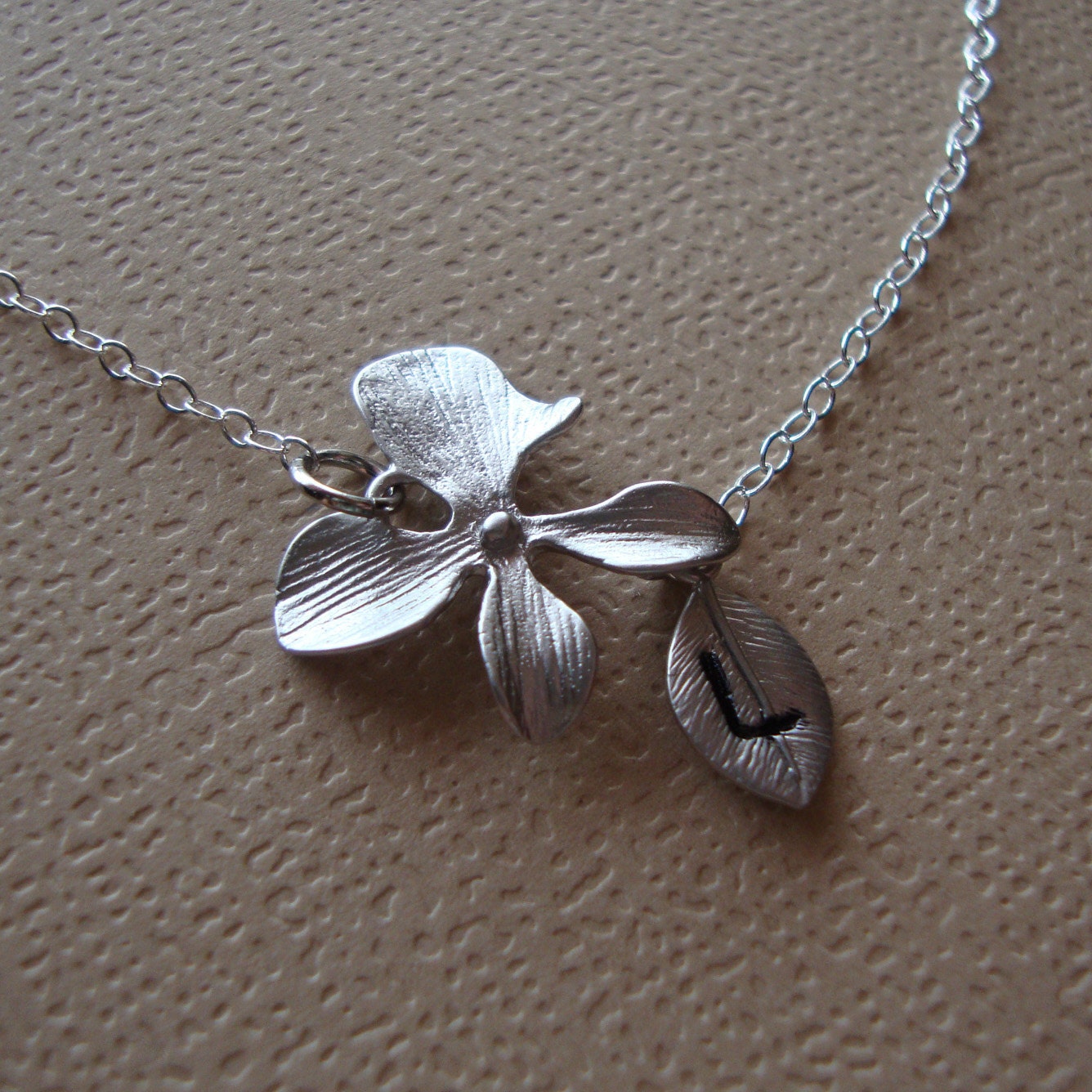 Silver Orchid and Initial Necklace