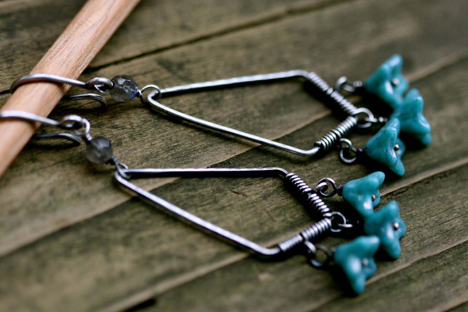 Fallen from the Sky earrings-Sterling Silver, Blue Czech Flowers,Triangular Shape Hoops,Rustic, Rustic Jewelry, Garden,Large