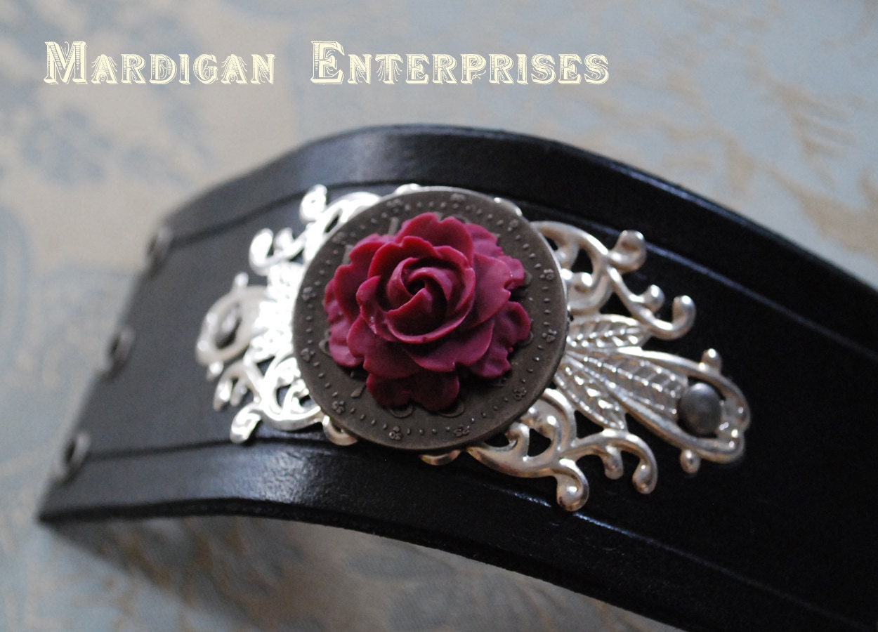 Leather Cuff -Burgundy Rose and Clock