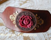 Leather Cuff - Burgundy Rose and Clock