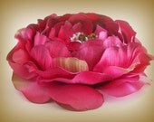 Flower hair comb - magenta shades of stiffened silk in a rose hair accessory - Ranunculus - with a sparkly diamante and pearl center.