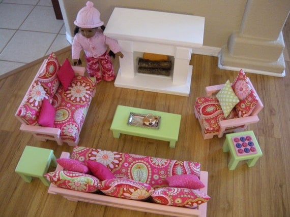 Doll Couch Loveseat Chair Tables with Fireplace for American Girl Dolls or 18-inch Dolls