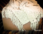 Off White Hand Knit Ripples Afghan with Fringe - Made by Memere