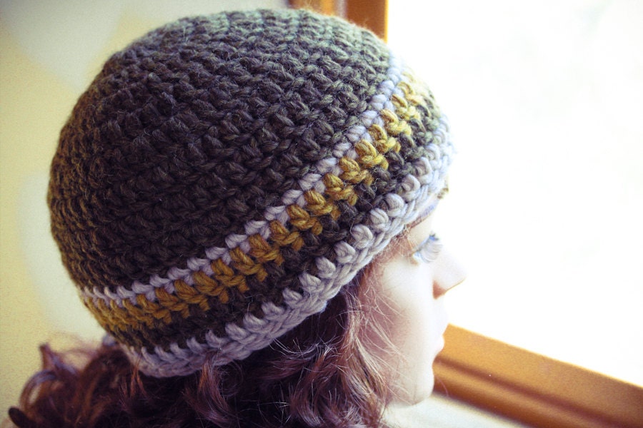 Crocheted Beanie Hat, Olive Green, Gold, Beige, Wool, Warm, Crochet, Unisex - Made by Kim