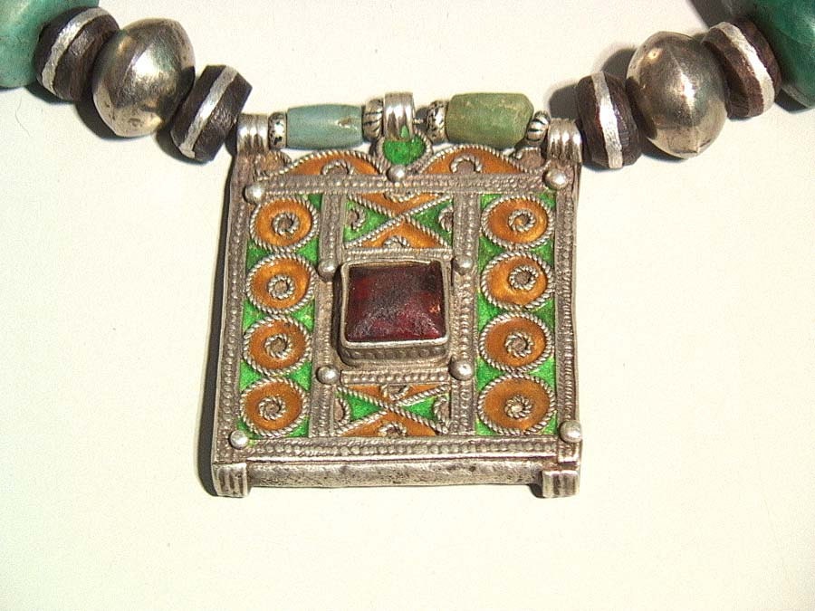 Moroccan amazonite, silver Hirz and Cross necklace