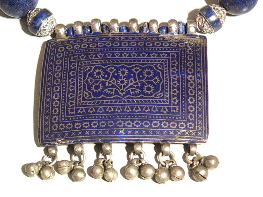 Antique Multan silver lapis enamel amulet necklace Pakistan