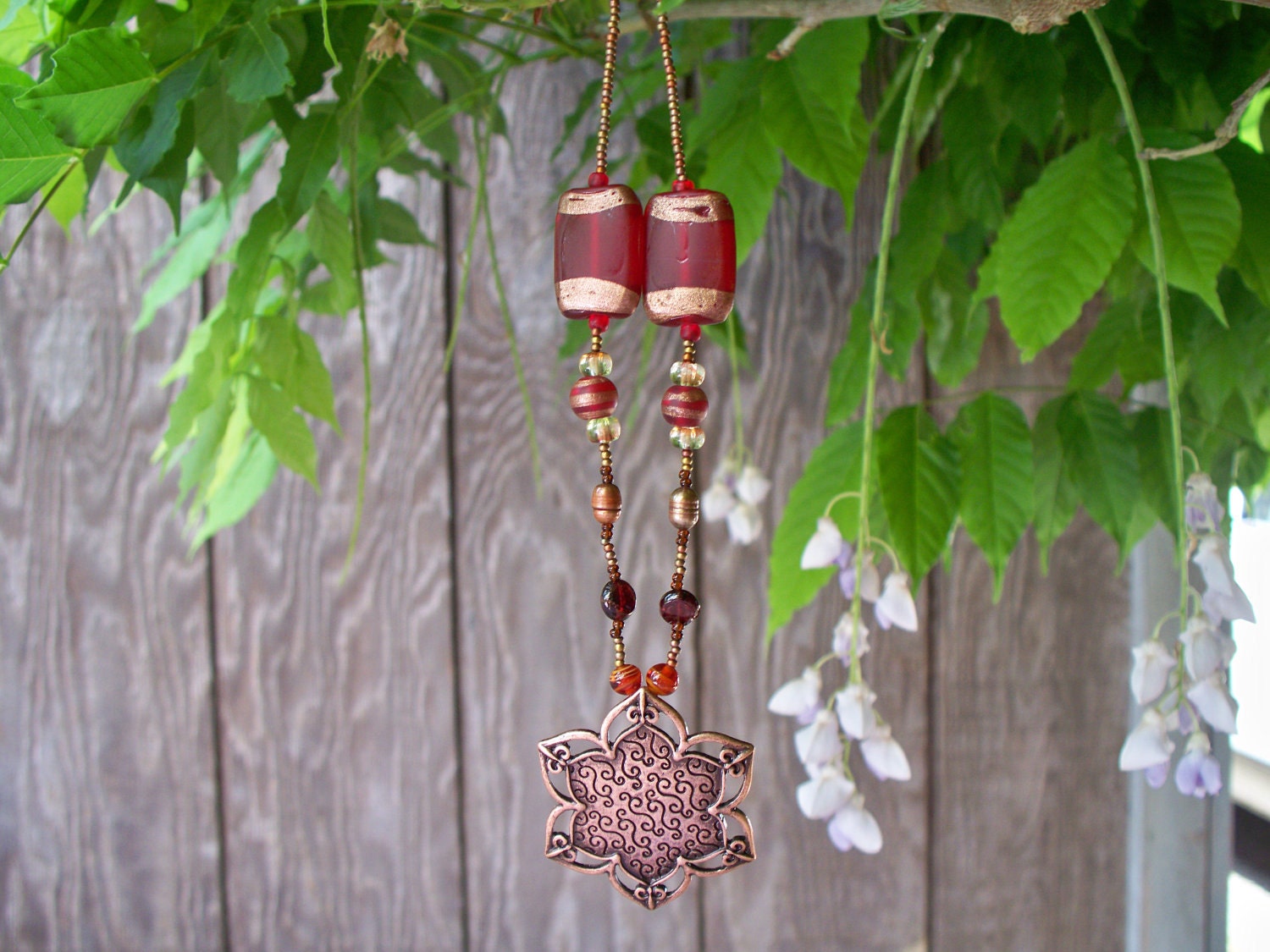 Copper Flower Pendent on Hand Beaded Chain