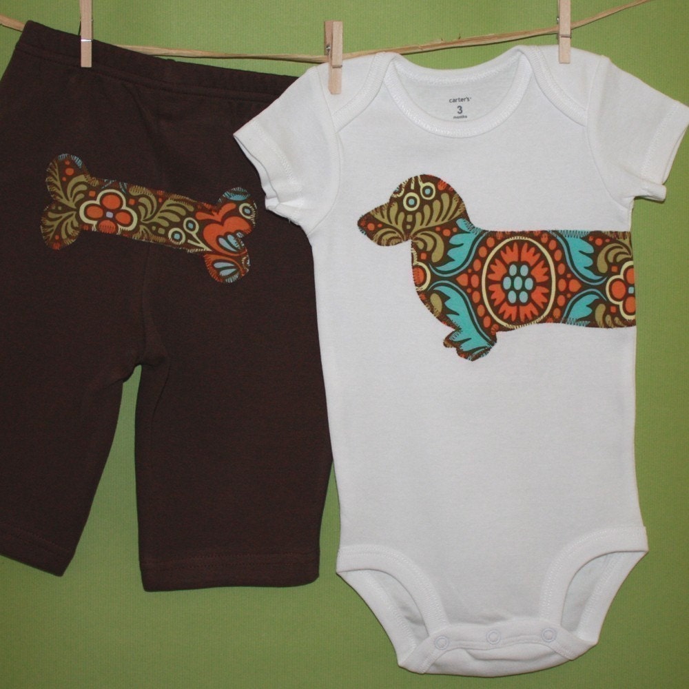 Wiener dog baby one-piece bodysuit and pant set in chocolate and orange