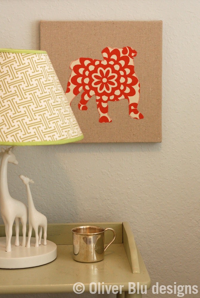 English Bulldog appliqued wall panel - 10 x 10 inches in red and cream wallflower print on natural linen background