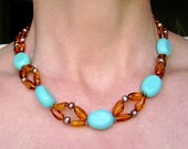 Amber Necklace, Turquoise Magnesite, Gemstone Jewelry, Cultured Pearls, Sterling Silver, Aqua, Golden, Honey, Robins Egg