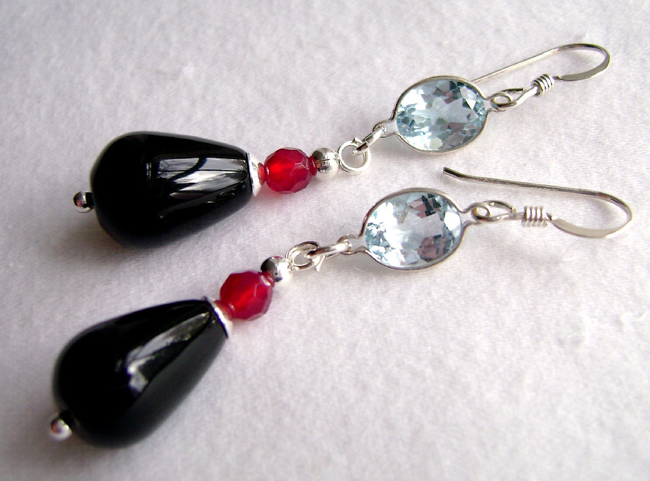 Blue Topaz Earrings, Onyx Drops, Sterling Silver, Gemstone Jewelry, Ruby Agate, Sky Blue, Black, Red, 179