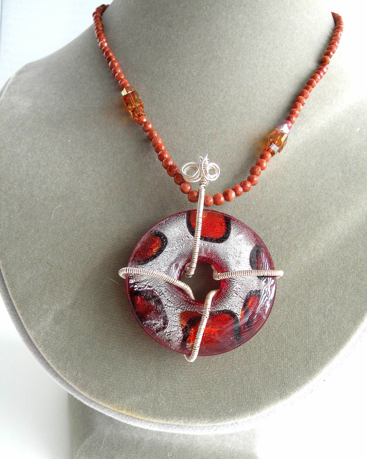 Brown Necklace Glass Wire Wrapped Pendant Sparkly Jewelry