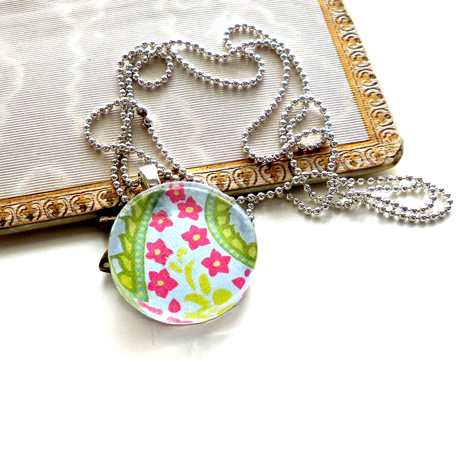 Honeysuckle Pink Glass Tile Pendant Necklace Handcrafted Jewels by Trish