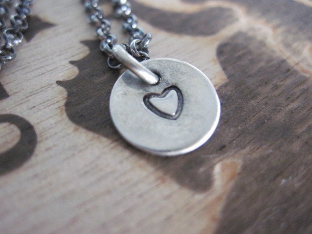 Handstamped Heart Necklace Oxidized Sterling Silver