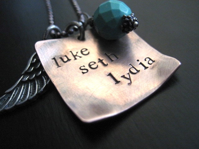 Handstamped Copper Mommy Necklace, Sterling Silver Angel Wing, Turquoise Bead