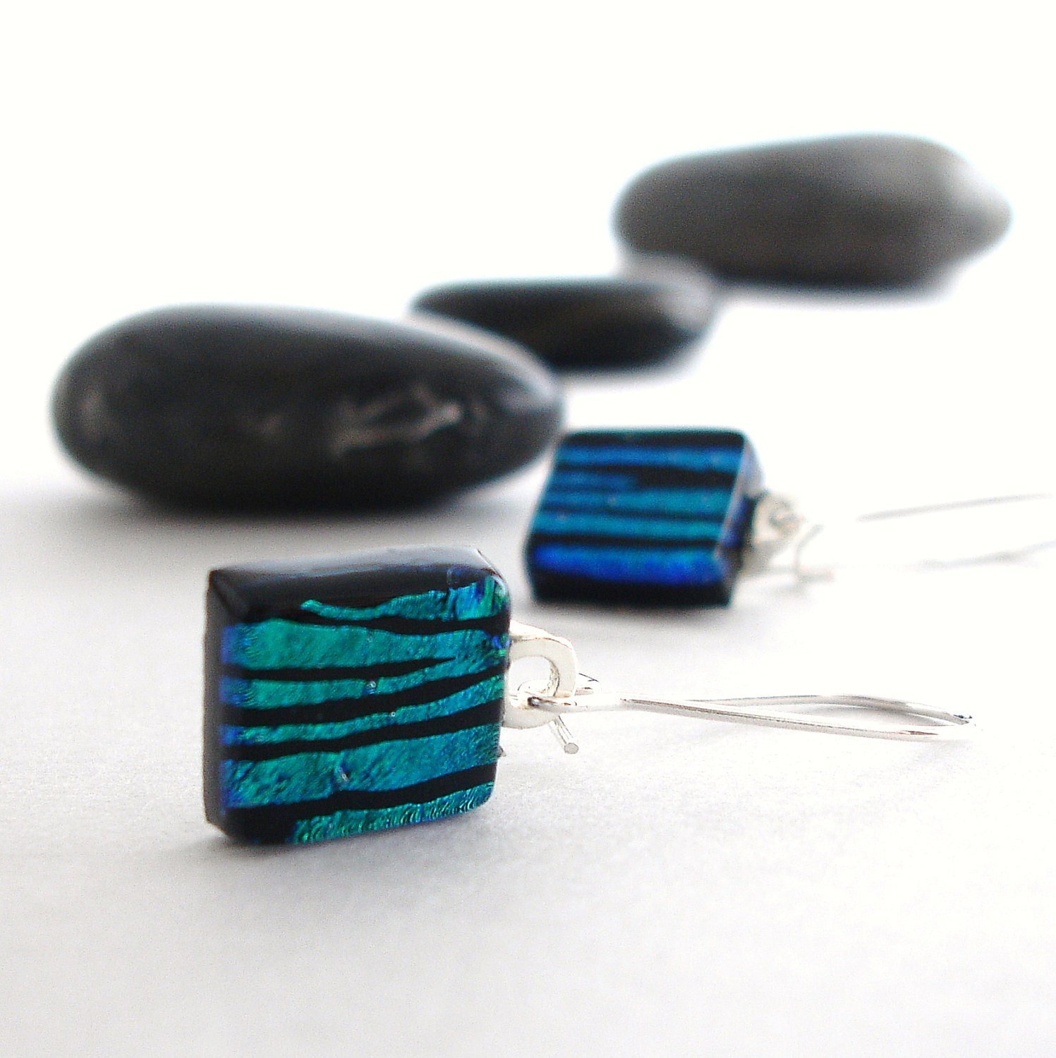 Teal Fused Glass Earrings, Teal and Black Dichroic Earrings, Sterling Silver Wires