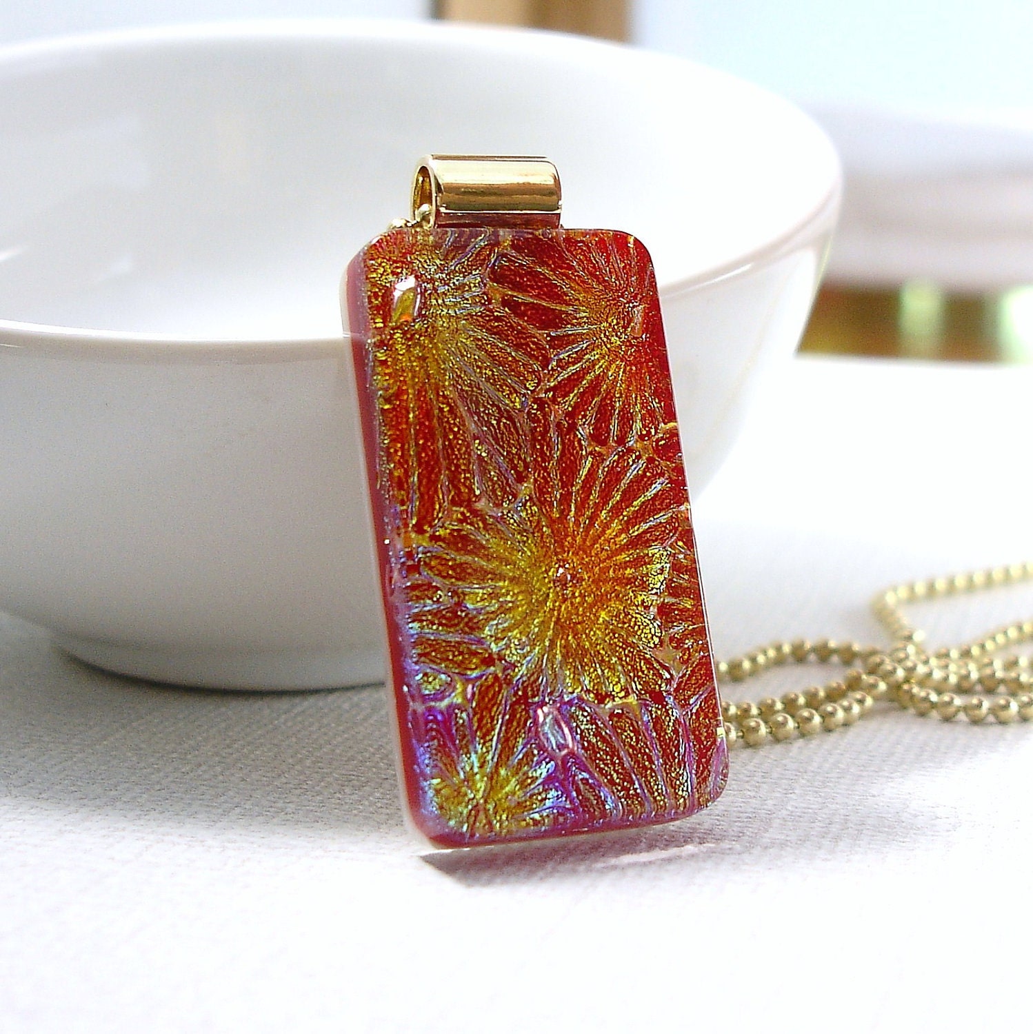 Red Glass Necklace, Dichroic Fused Glass Pendant, Multi Color Pendant