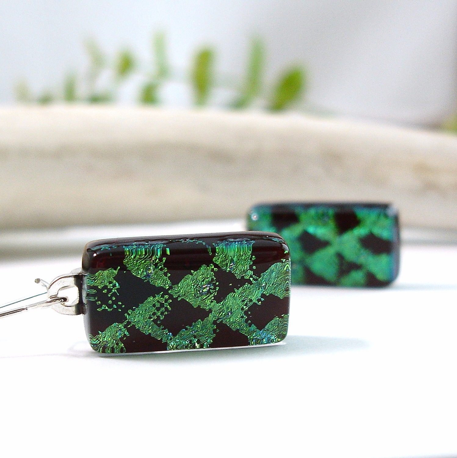 Green Dichroic Earrings, Reptile Print Fused Glass Earrings, Sterling Silver Ear Wires