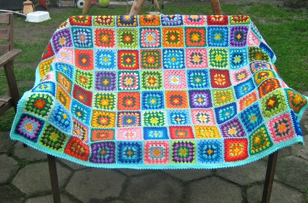granny square afghan blanket, handmade, colorful, patchwork, crochet, wrap, cover, blue